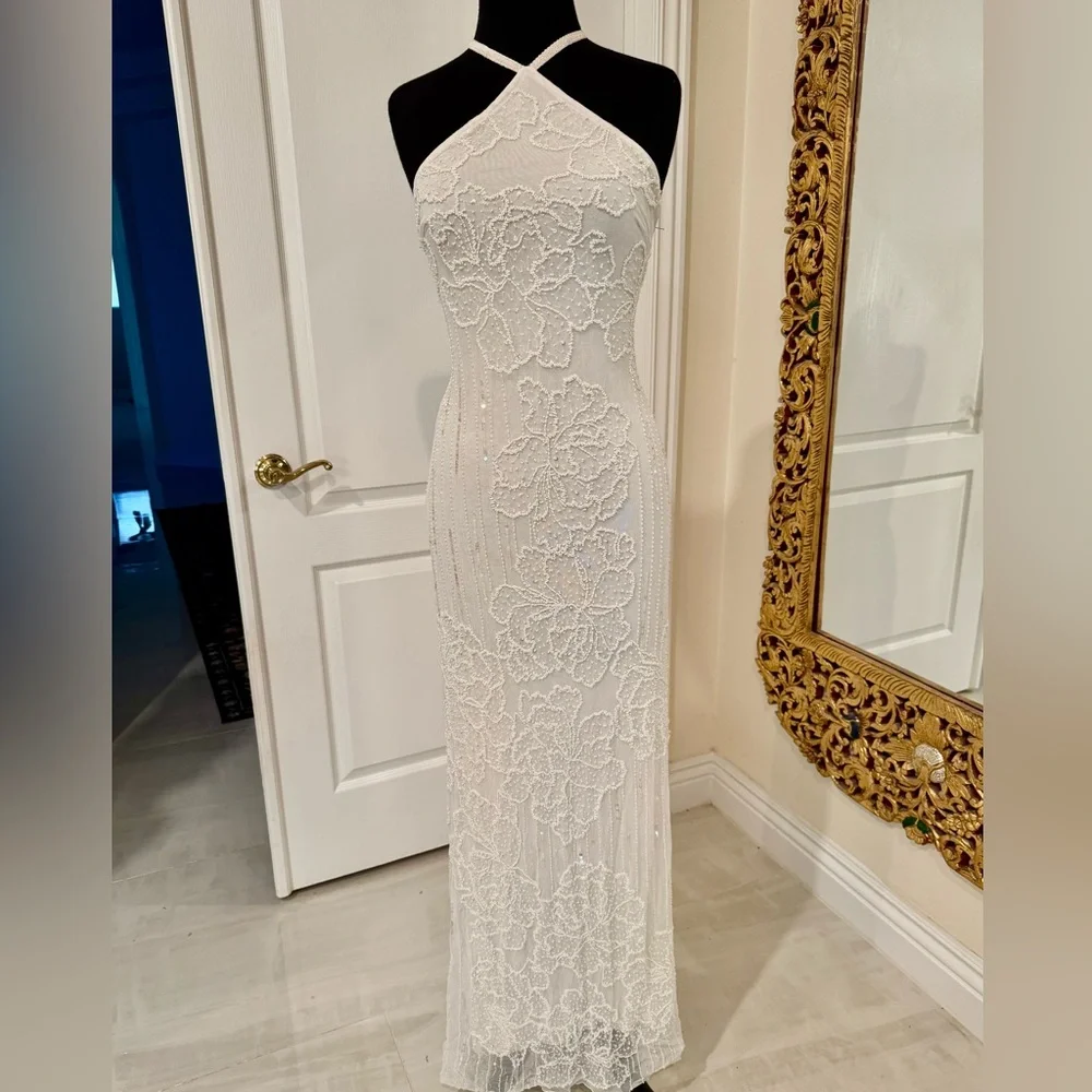 Elegant hand beaded intricate White Halter Dress - Picture 6 of 11